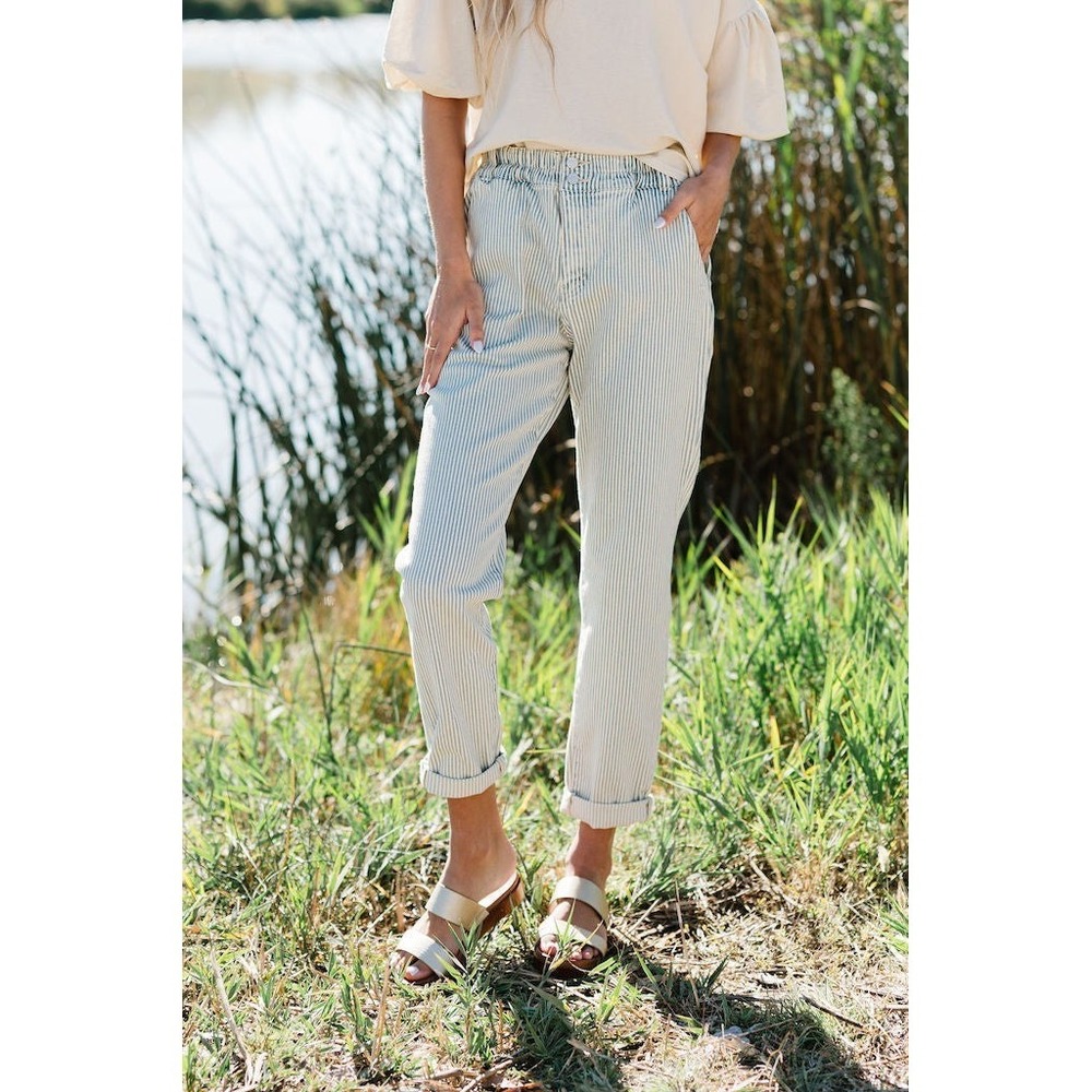 Kancan Cream Blue Striped High Rise Classic Newbury Tapered Mom Jeans Size‎ 10